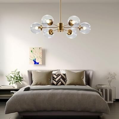 Sputnik Chandelier, Brushed Brass Gold Antique Finish, 6 Clear Glass Globe Shades