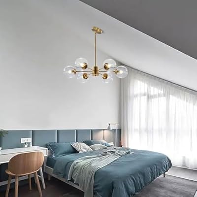 Sputnik Chandelier, Brushed Brass Gold Antique Finish, 6 Clear Glass Globe Shades
