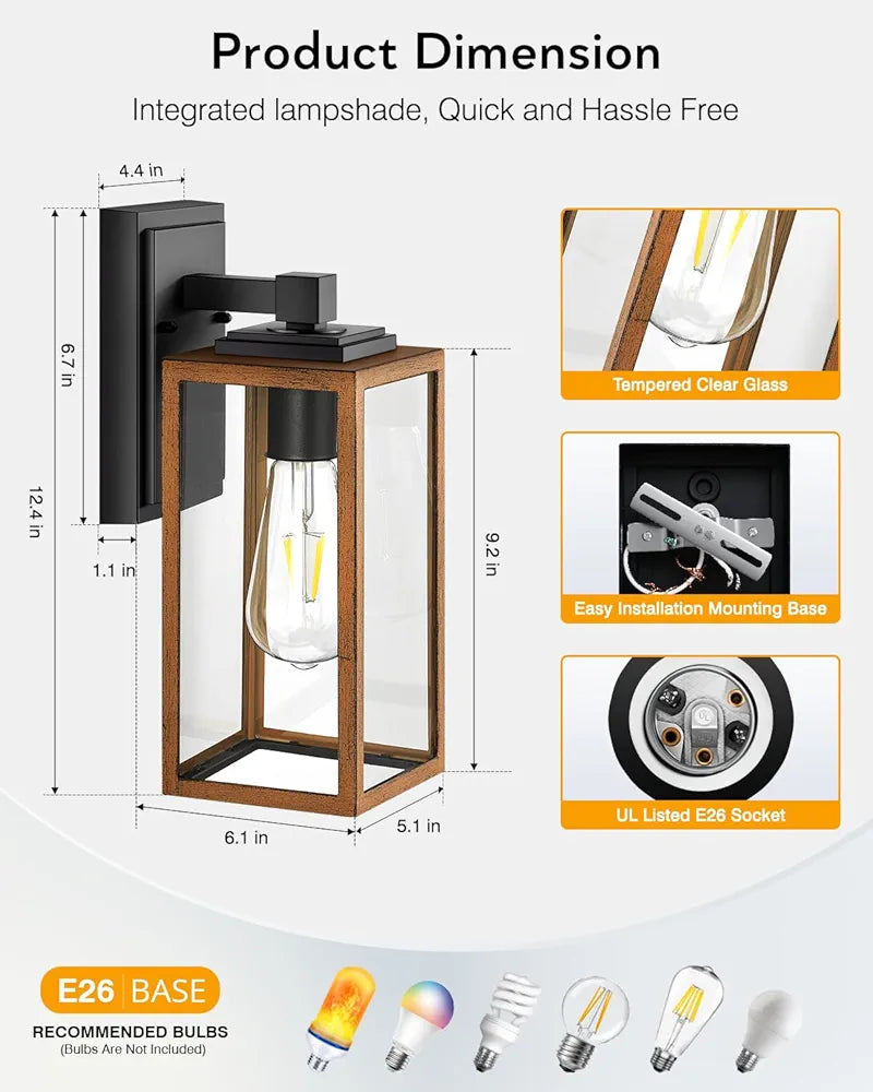 Waterproof Exterior Wall Lanterns Pack of 2 with Seed Tempered Glass, Anti-Rust Outdoor Lights