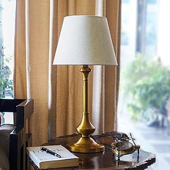 Brass Antique Finish Gold Table Lamp with Off White 10 Inch Lampshade