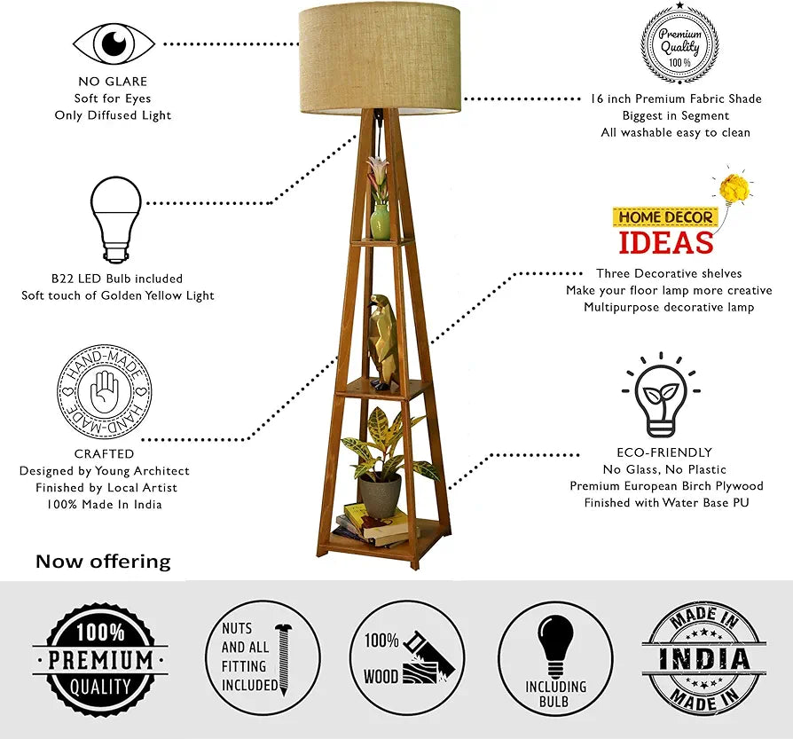 Wooden Floor Lamp with Shelf (Natural Jute). LED Bulb Included