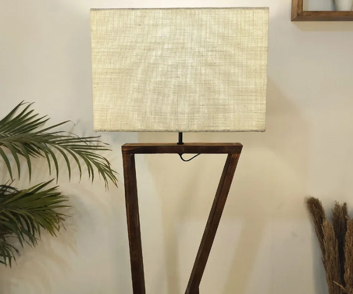 Wooden Floor Lamp with Brown Base and Jute Fabric Lampshade