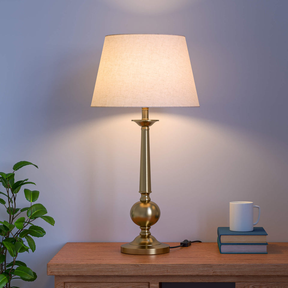 Brass Antique Finish Gold Table Lamp with Off White 10 Inch Lampshade