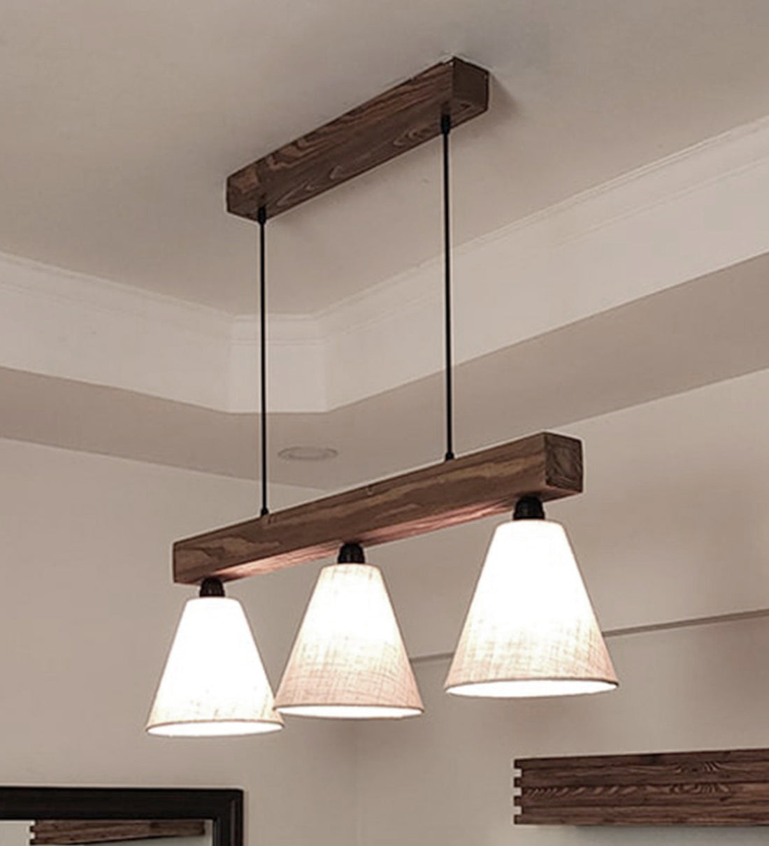 Terzo Beige & Brown Jute Shade with Solid Wood Linear Chandelier Cluster Hanging Light
