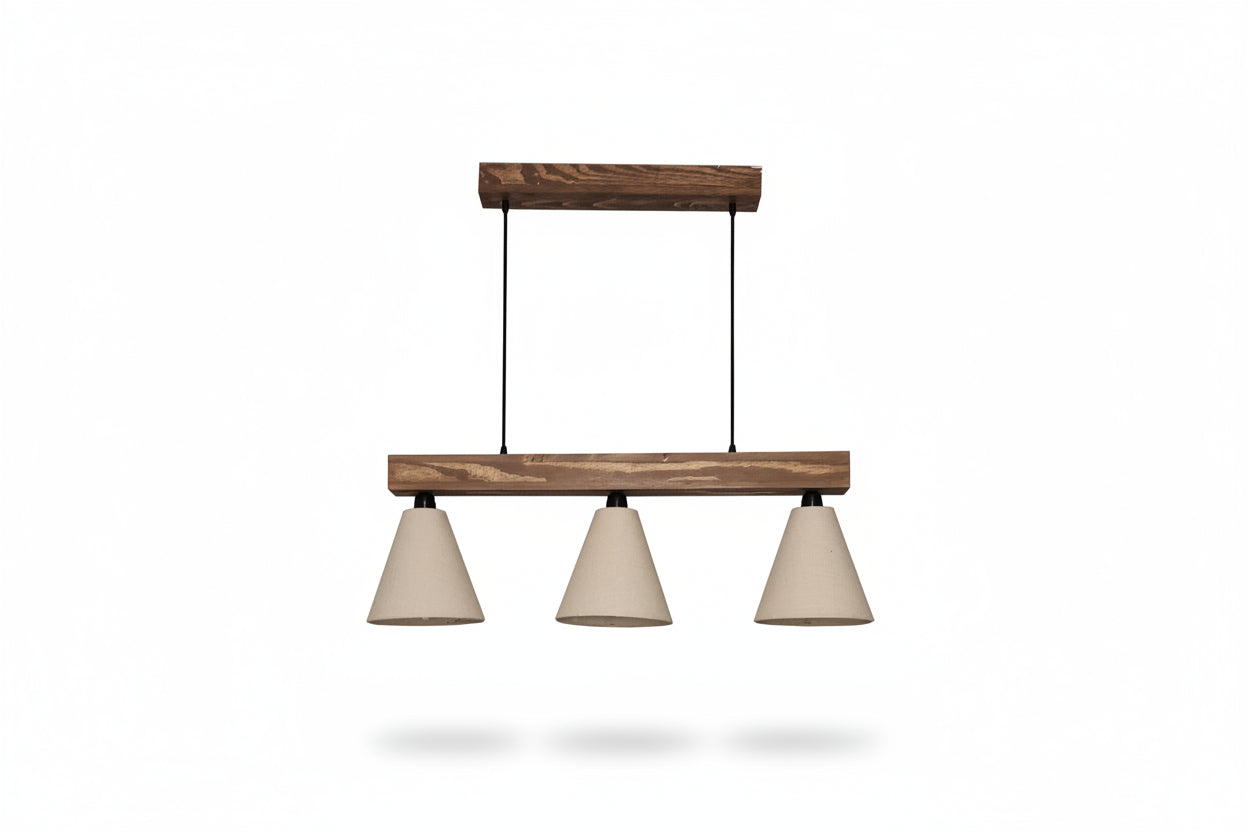 Terzo Beige & Brown Jute Shade with Solid Wood Linear Chandelier Cluster Hanging Light