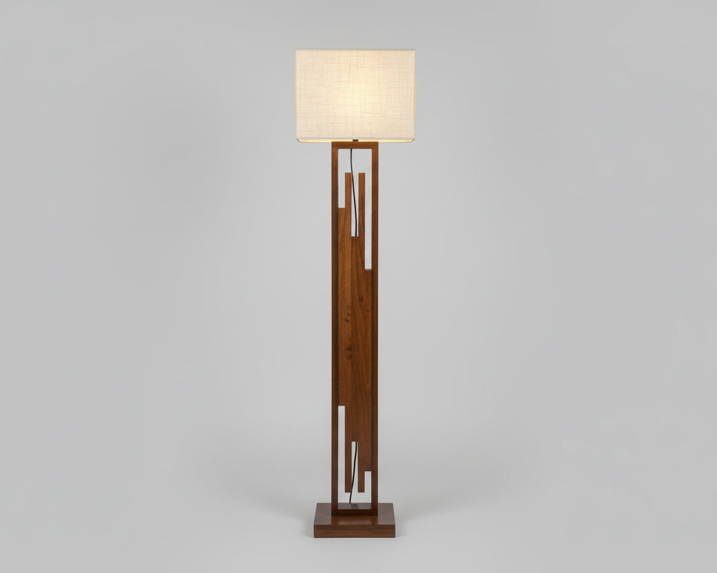 Victoria Wooden Floor Lamp with Brown Base and Jute Fabric Lampshade