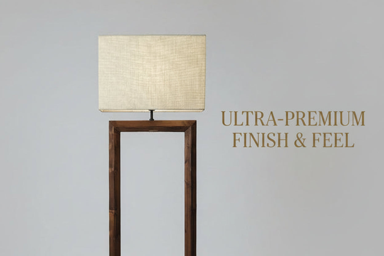 Tesseract Wooden Floor Lamp with Beige Fabric Lampshade