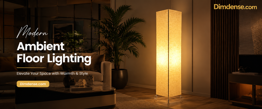 Mainstays Bohemian Collapsible Floor Lamp with Rice Paper Ivory Shade creating warm ambient lighting in a modern living room interior by Dimdense.