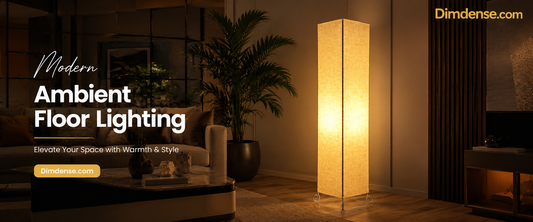 Mainstays Bohemian Collapsible Floor Lamp with Rice Paper Ivory Shade creating warm ambient lighting in a modern living room interior by Dimdense.