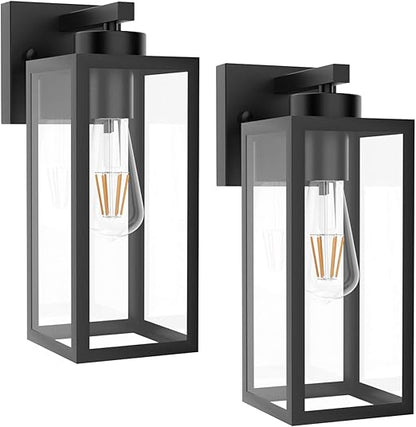 Outdoor Wall Lantern 2 Pack Black Exterior Wall Sconce with Clear Glass Shade Wall Mount Lights