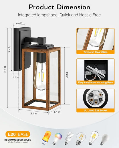 Waterproof Exterior Wall Lanterns Pack of 2 with Seed Tempered Glass, Anti-Rust Outdoor Lights