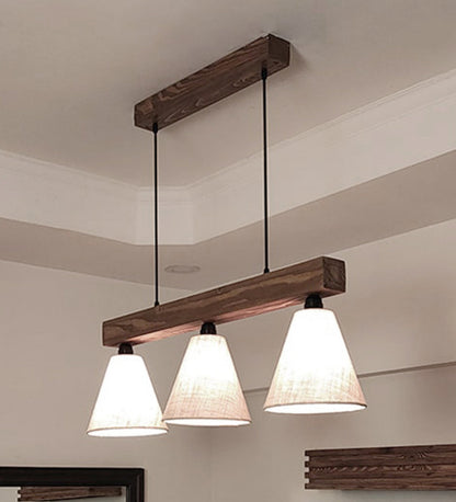Terzo Beige & Brown Jute Shade with Solid Wood Linear Chandelier Cluster Hanging Light
